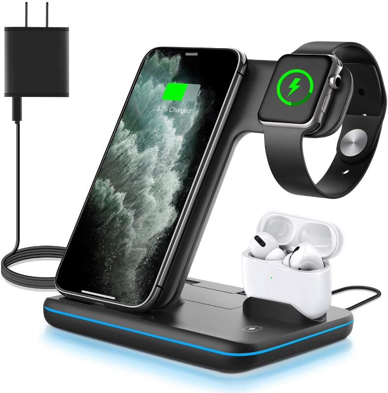 Photo 1 of WAITIEE Wireless Charger 3 in 1, 15W Fast Charging Station for Apple iWatch SE/6/5/4/3/2/1,AirPods Pro, Compatible with iPhone 13/12/12 Pro Max/11 Series/XS Max/XR/XS/X/8/8 Plus/Samsung Galaxy (Black)
