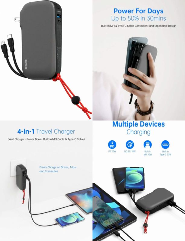 Photo 1 of IDMIX Portable Charger - 4-in-1 Travel Power Bank, Wall & Grey
