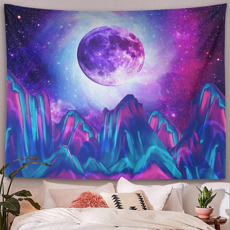 Photo 1 of Trippy Psychedelic Tapestry Mountain Moon Tapestry Galaxy Star Tapestry Night Sky Universe Space Blue Starry Sky Wall Hanging Clouds Tree Aesthetic Wall Art for Bedroom Teen Girl Living Room 60x80
