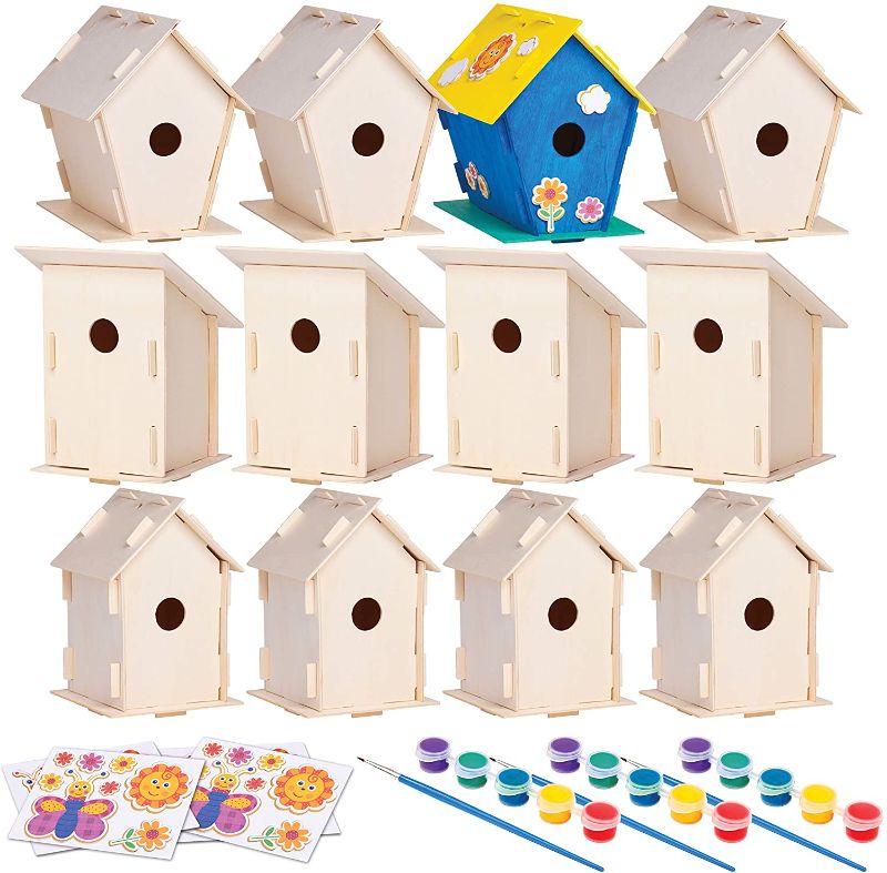 Photo 1 of 12 Wooden Birdhouses - Crafts for Girls and Boys - Kids Bulk Arts and Crafts Set - 12 DIY Unfinished Wood Bird House Kits, 12 Paint Strips, 12 Paintbrushes & Stickers for Children to Build & Paint