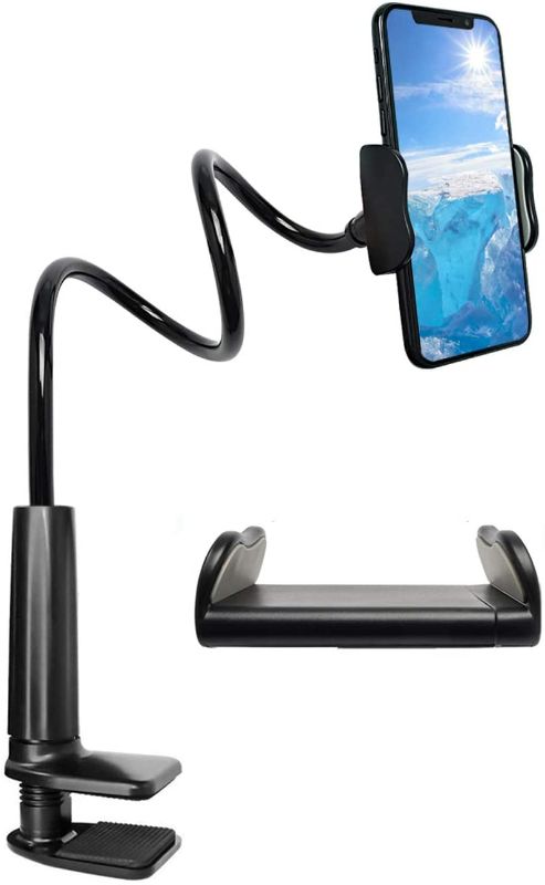 Photo 1 of Gooseneck Cell Phone Holder,Adjustable Phone Holder Mount,Long Arm Bed Desk Bracket Compatible with Smartphones, Max Width 3in, Overall Length 28.7in (Black)