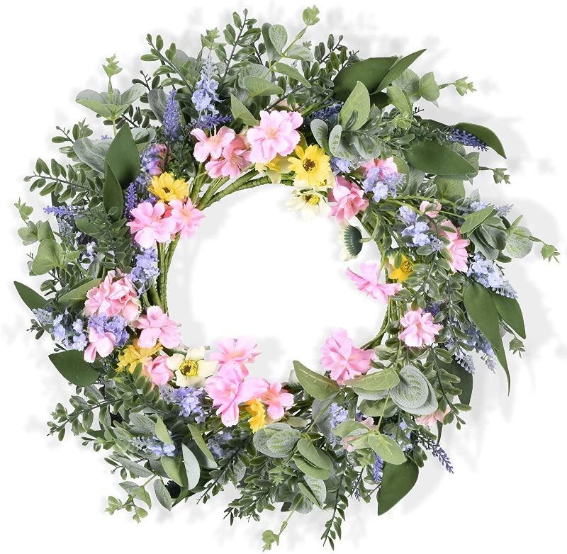 Photo 1 of Artificial Eucalyptus Fall Wreath, 20" Daisy and Lavender Wreath, Suitable for Spring Summer Autumn Wreaths for Front Door Wall Window or Home Decoration