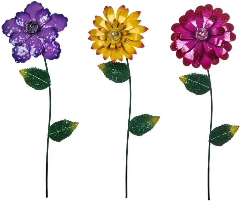 Photo 1 of DUSVALLY Flower Garden Stake Metal Outdoor Flower Garden Decor for Outside Yard Art Glow in Dark Yard Lawn Ornaments Decor, Set of 3, Colorful Flower