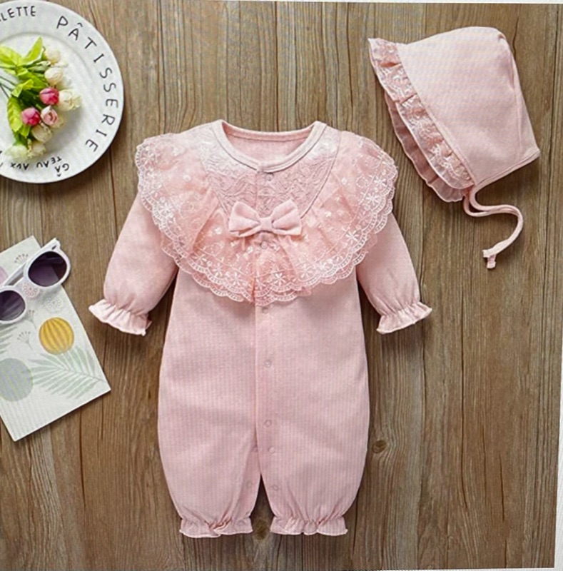Photo 1 of Baby Onesies Outfit Cotton Floral Long Sleeve Ruffled Romper Overall with Baby Hats Toddler Baby Footed Jumpsuit 6-9M