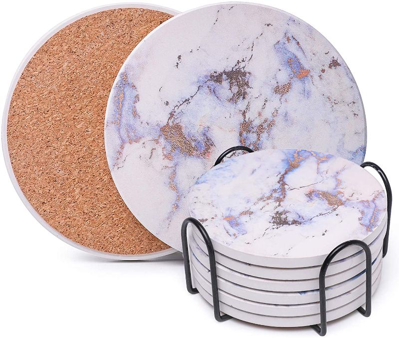 Photo 1 of Coasters for Drinks, Absorbent Drink Coasters with Holder (6-Piece Set), Marble Coasters, Ceramic Blue Coasters Set for Home and Kitchen - Snowflake