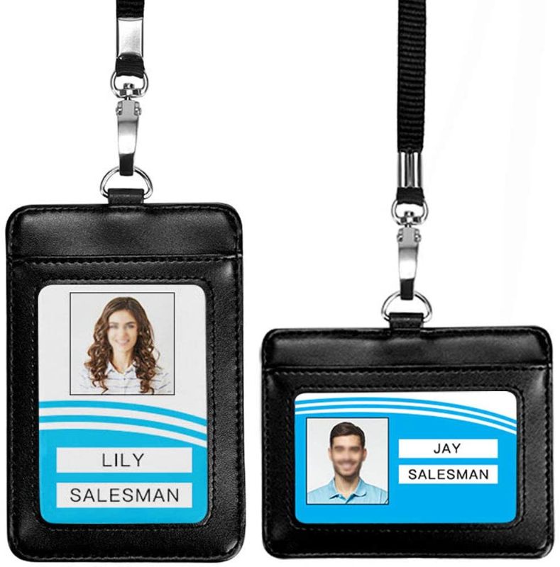 Photo 1 of 2 Pack Badge Holders, Vertical & Horizontal Leather ID Badge Holder with 2 Detachable Durable Nylon Neck Lanyards for Offices ID, School ID, Driver Licence (Black)