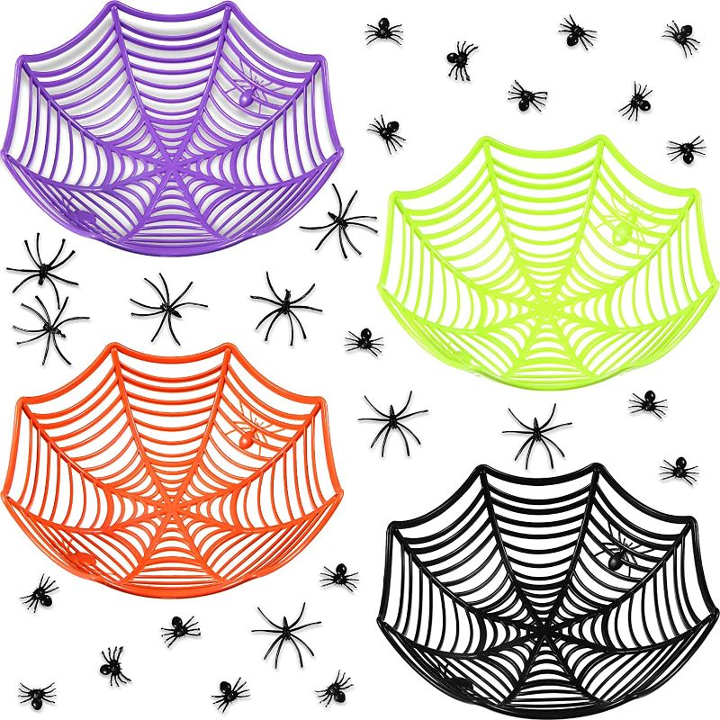 Photo 1 of 4 Pieces Large Halloween Spider Web Basket Bowls Candy Treat Bowl with 26 Pieces Fake Spiders 20 g Spider Web for Halloween Party Supplies Trick or Treat Home Decor