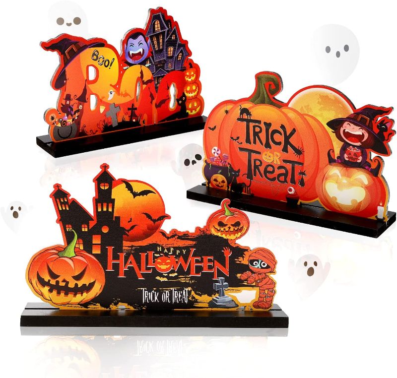 Photo 1 of Halloween Party Decoration Wooden Signs, 3 Pieces Happy Halloween Table Signs,Pumpkin,Boo,Treat or Trick Wooden Centerpiece Table Toppers Halloween Party Table Decorations for Living Room Kitchen Bar