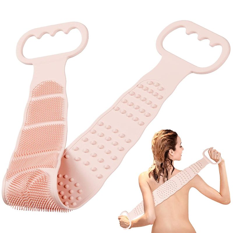 Photo 1 of Back Scrubber for Shower, Silicone Body Scrubber, Long Exfoliating Bath Body Brush for Women, Easy to Clean, Improves Blood Circulation and Skin Smooth (Pink)