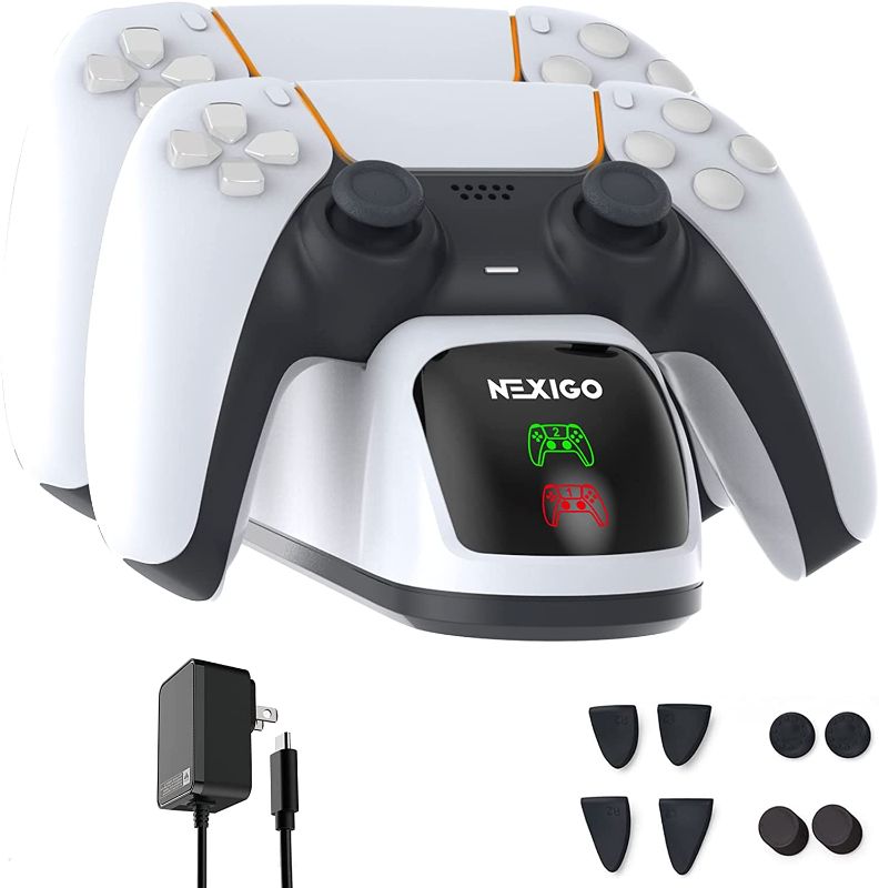 Photo 1 of NexiGo PS5 DualSense Charging Station, Fast Charging AC Adapter with Thumb Grips & Trigger Extenders, Controller Charger for Dual Playstation 5 Controllers, Charging Dock with LED Indicator, White