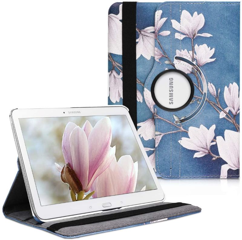 Photo 1 of kwmobile 360° Case Compatible with Samsung Galaxy Tab 4 10.1 T530 / T535 - Case PU Leather Tablet Cover with Stand - Magnolias Taupe/White/Blue Grey