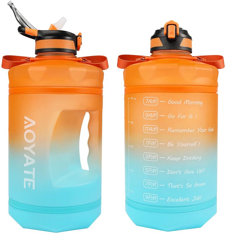 Photo 1 of AOYATEC 1 Gallon /128 OZ Motivational Water Bottle with Time Marker & Straw, Leakproof Large Water Jugs with Handle, [Wide Mouth] Tritan BPA Free Sports Water Bottle for Fitness Gym Outdoor Sports (Orange/Blue Gradient)
