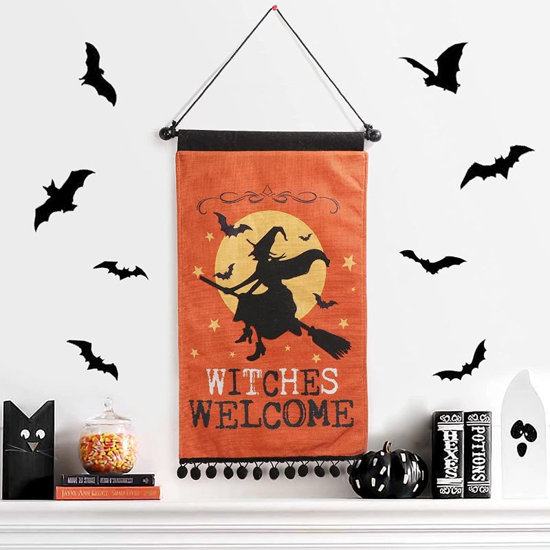 Photo 1 of XAMSHOR Witches Welcome Sign Burlap Halloween Tapestry with Pom Poms Halloween Home Décor Front Door Decoration, 24x13 Inches