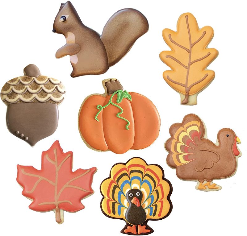 Photo 1 of Fall and Thanksgiving Cookie Cutter Set 7-Pc. with Recipe Booklet, Pumpkin, Maple and Oak Leaf, Turkeys, Squirrel, Acorn Made in USA by Ann Clark Cookie Cutters