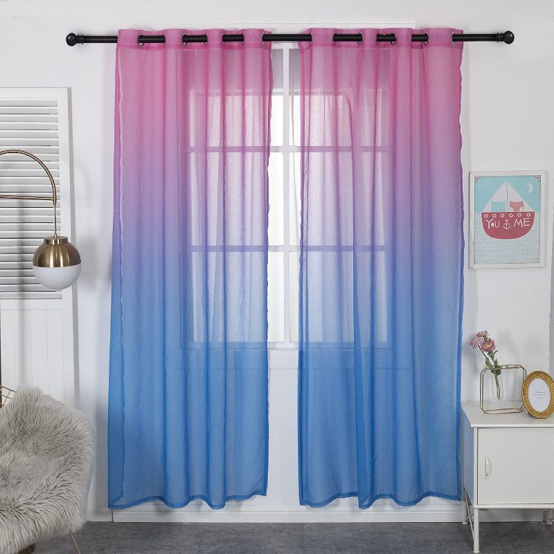 Photo 1 of XIUMOU Ombre Half Gradient Semi-Sheer Curtains for Girls' Bedroom and Living Room, Gauze Curtains Wth Metal Grommets, Sets of 2 Panels Pink Blue W42 xL96