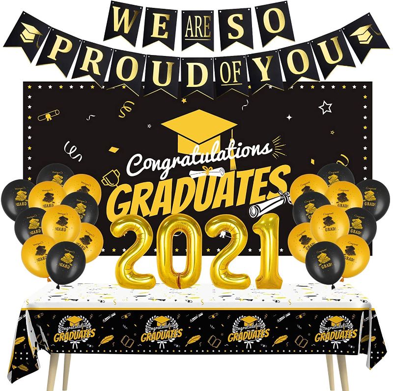 Photo 1 of Graduation Decorations 2021 Graduation Party Supplies Graduation Banner Congratulations Grad Backdrop Congrats Photo Banner,"2021" Aluminum Film Balloons and Graduation Balloons for Graduation Decor