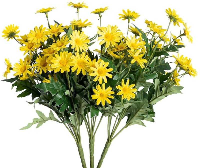 Photo 1 of Dallisten 3 Bundles of Fake Mums Outdoor Plants with Fake Flowers, Faux Chrysanthemum Daisy for Baby Shower Home Decoration Wedding Decor, Bride Holding Flowers,DIY Garden Craft Art Decor (Yellow)