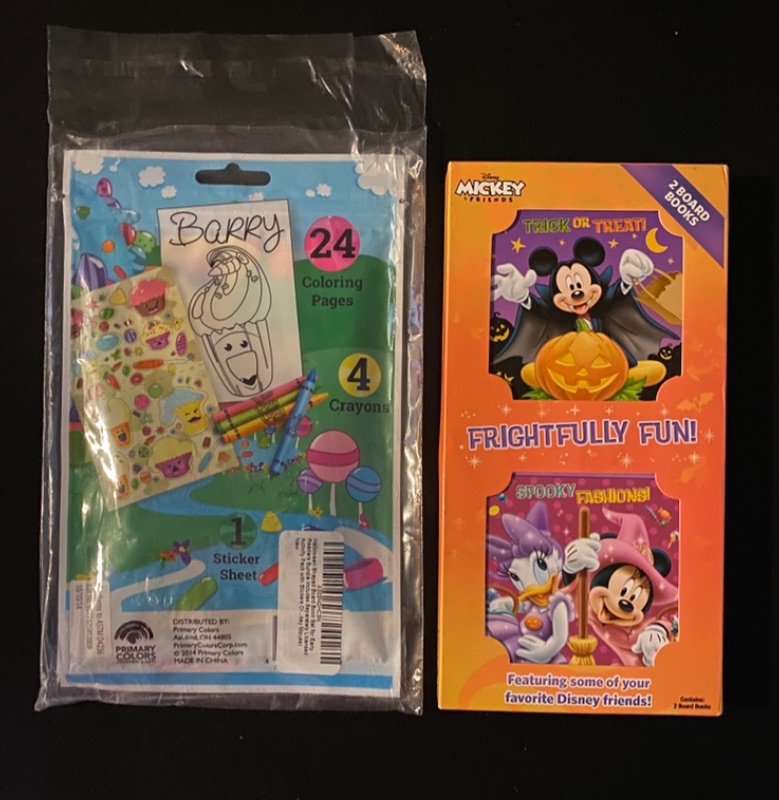 Photo 1 of Mickey Halloween Board Book Set of 2 Plus Activity Set including 24 coloring pages, 4 crayons, 1 sticker sheet