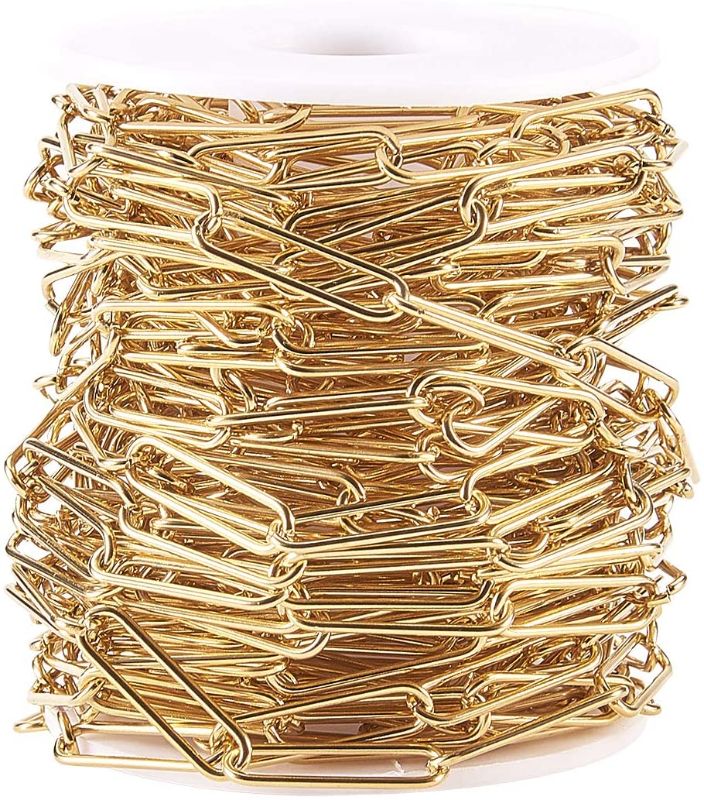Photo 1 of Airssory 32.8 Ft(10 Meters) Stainless Steel Gold Plated Unfinished Paperclip Chains Drawn Elongated Cable Cross Link Chains Soldered with Spool for Exaggerated Jewelry Making - 21.5x6mm