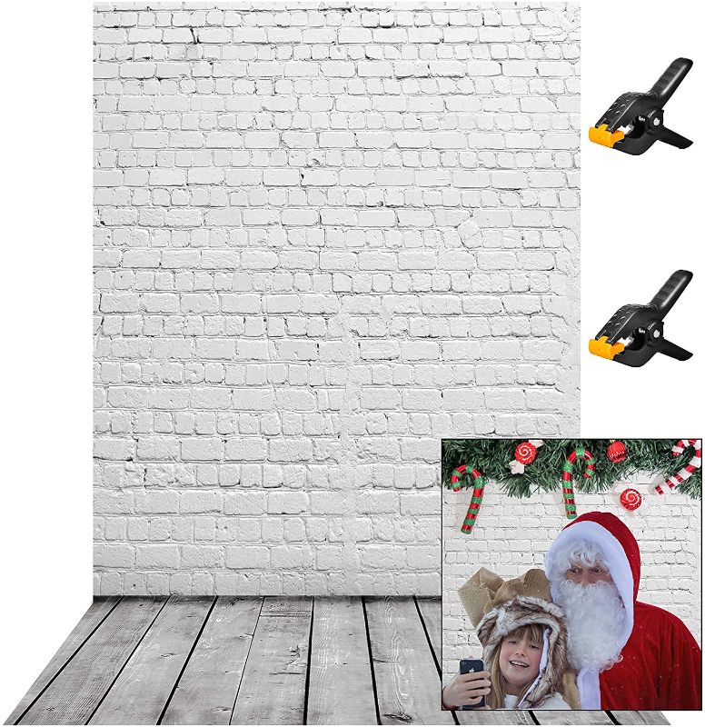 Photo 1 of 2PACK -  EMART Brick White Wall Photo Studio Backdrop with Gray Wood Floor Vinyl Background, 3.2x5ft Thin Seamless Backdrop with 2 Spring Clamps for Photography Wedding Prop Decoration Portrait Newborn
