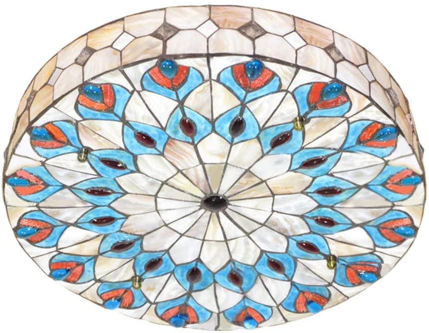 Photo 1 of 20" Wide Vintage Tiffany Ceiling Light, NIUYAO Hand-Made Chandelier Remote Flush Mount Lighting Fixture with Peacock Tail Painting Shade (Blue) 298230
