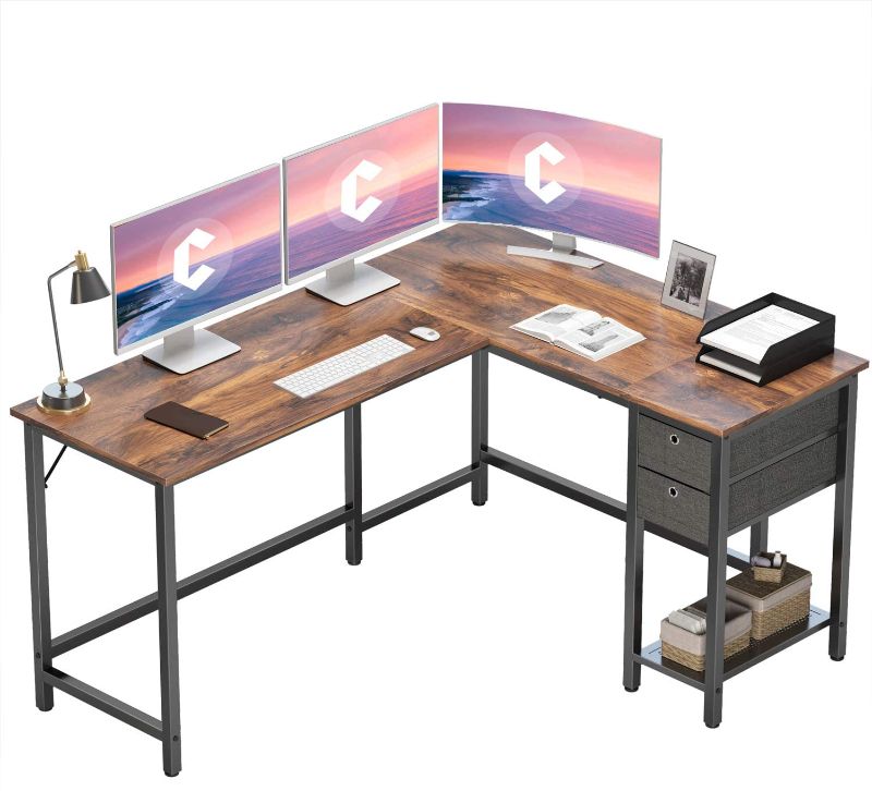 Photo 1 of Cubiker L-Shaped Computer Desk, Gaming Corner Desk with Non-Woven Drawer, Home Office Sturdy Writing Table, Space-Saving, Easy to Assemble DEEP RUSTIC
