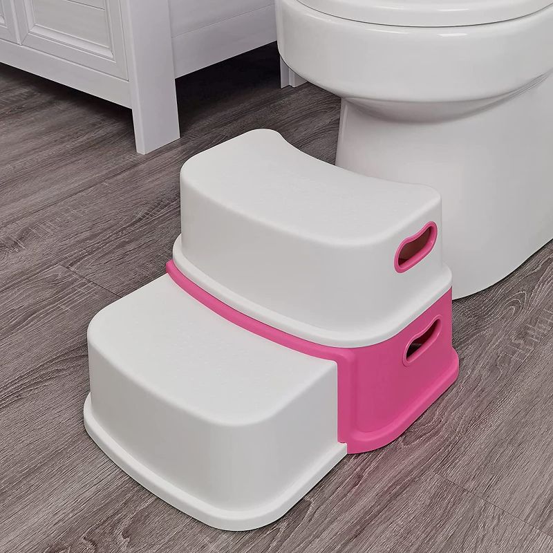 Photo 1 of 2 Step Stool for Kids, SKYROKU Toddler Stool for Potty Training,Bathroom, Kitchen, Toilet Stools with Soft Anti-Slip Grips for Safety Dual Height & Wide Two Step (1 Pack Pink)
