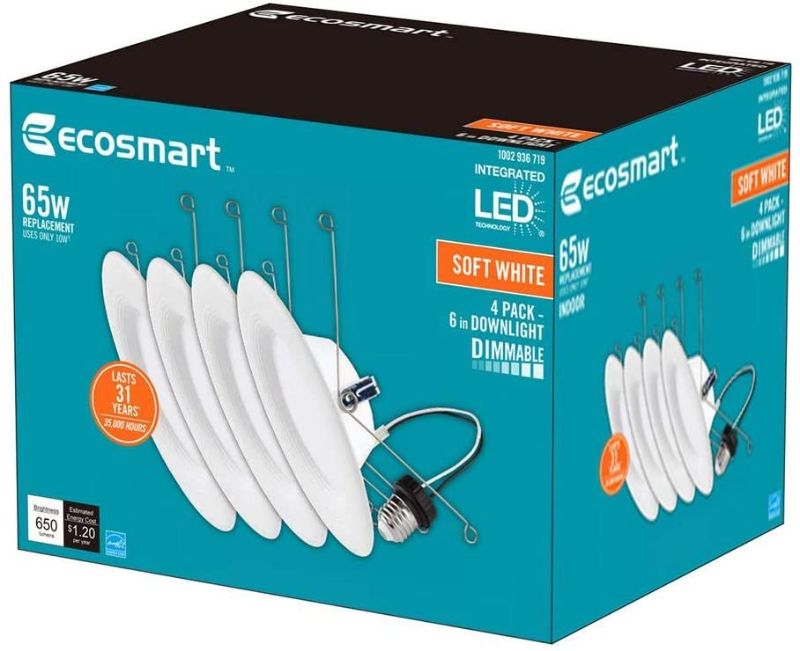 Photo 1 of EcoSmart, 65W Bright white, 4 pack-6 in downlight, Dimmable.
