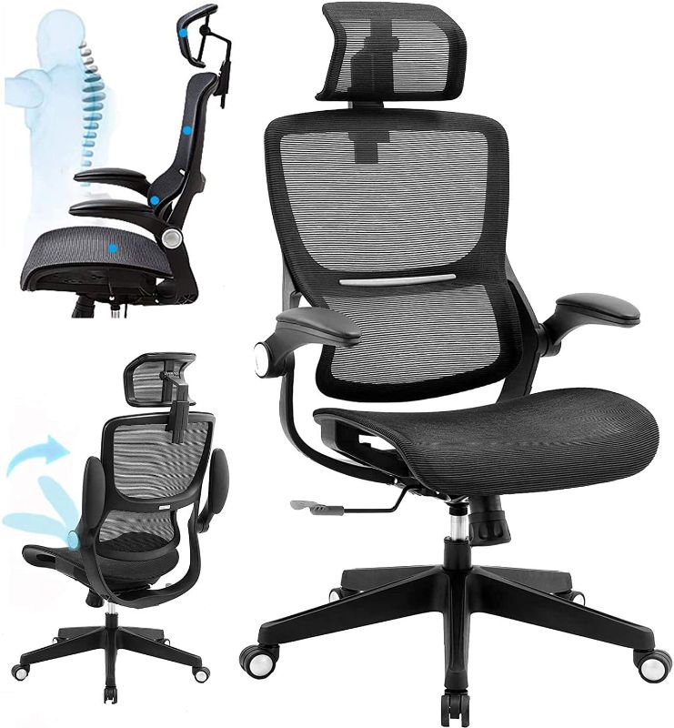 Photo 1 of SAMOFU Office Chair Ergonomic Desk Chair Mesh Computer Chair with 3D Lumbar Support, Adjustable Headrest and Flip up Arms,Technical Task Swivel Executive High Back Home Office Chair (Black)
