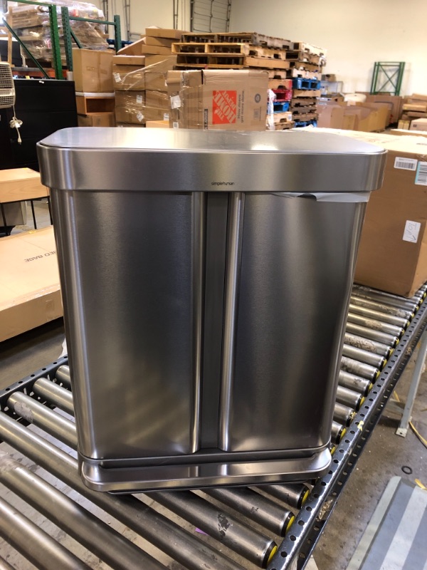 Photo 2 of 58-Liter Nano-Silver Clear Coat Brushed Stainless Steel Dual Compartment Rectangular Recycling Step-On Trash Can