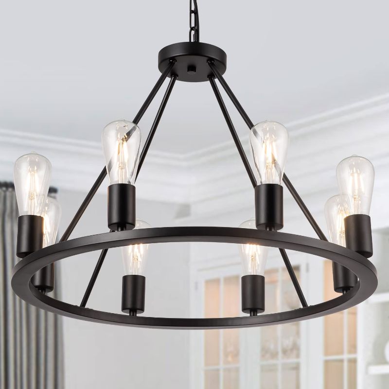 Photo 1 of Brfaixla Black Farmhouse Wagon Wheel Chandelier 8-Light 23.6'' Modern Industrial Metal Pendant Light Rustic Hanging Ceiling Light Fixture for Kitchen Living Dining Room Bedroom Hallway Entryway Foyer
