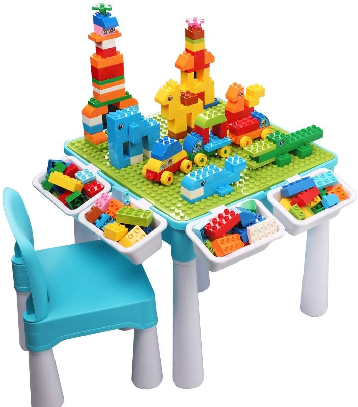 Photo 1 of Kids 5-in-1 Multi Activity Table Set - 128 Pieces Large Building Blocks Compatible Bricks Toy, Play Table Includes 1 Chair and Building Block Table with Storage, Green Baseplate Board/Blue Color