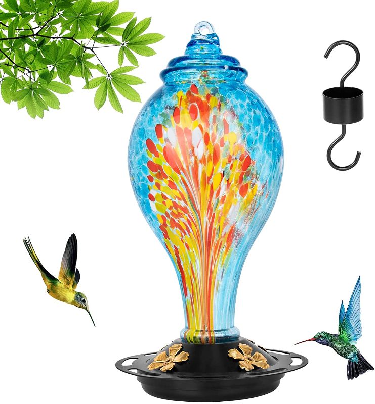 Photo 1 of DGFFL Hummingbird Feeder, Hand-Blown Glass Hummingbird Feeder, 42oz Outdoor Hummingbird Feeder, Easy to Clean and Upgrade Leak-Proof Bird Feeder Set, 4 Feeding Stations Can Use for Backyard Decoration