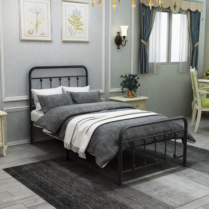 Photo 1 of DUMEE Metal Twin Bed Frame with Vintage Headboard and Footboard Sturdy Premium Steel Slat Support No Box Spring Needed, Textured Black