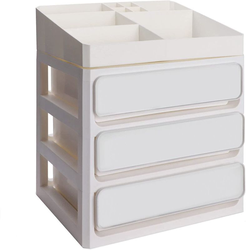 Photo 1 of CRUGLA 3 Plastic Drawers Storage Units, Organizer Box Desktop Display Units with Drawers for Home Organization, Bathroom Countertop Organizing, White