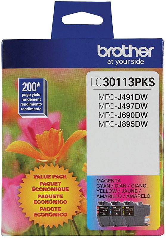 Photo 1 of Brother Genuine LC30113PKS 3-Pack Standard Yield Color Ink Cartridges, Page Yield Up to 200 Pages/Cartridge Includes Cyan, Magenta and Yellow, LC3011