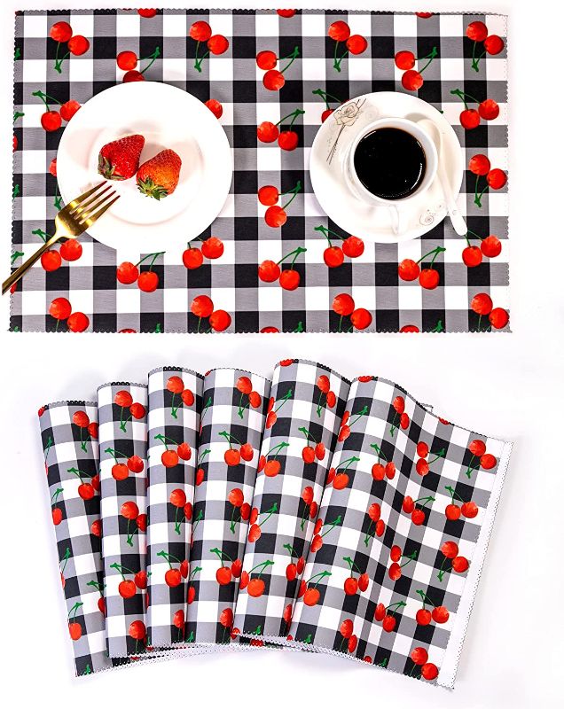 Photo 1 of Buffalo Plaid Checkered Kitchen Placemats - Check Winter Farmhouse Dining Patio Table Place Mat Set of 6 (Grey / White Plaid - Cherry )(FACTORY PACKAGED)