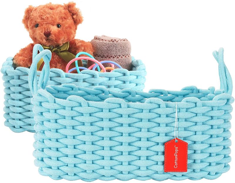 Photo 1 of CottonPops Woven Rope Storage Bin Basket Set of 2-14”x10”x6” and 12”x8”x5” - Soft Basket Square Shape Shelf Bin With Decorative Handles Bathroom Organizer Nursery Caddy Living Room Home Decor (Blue)