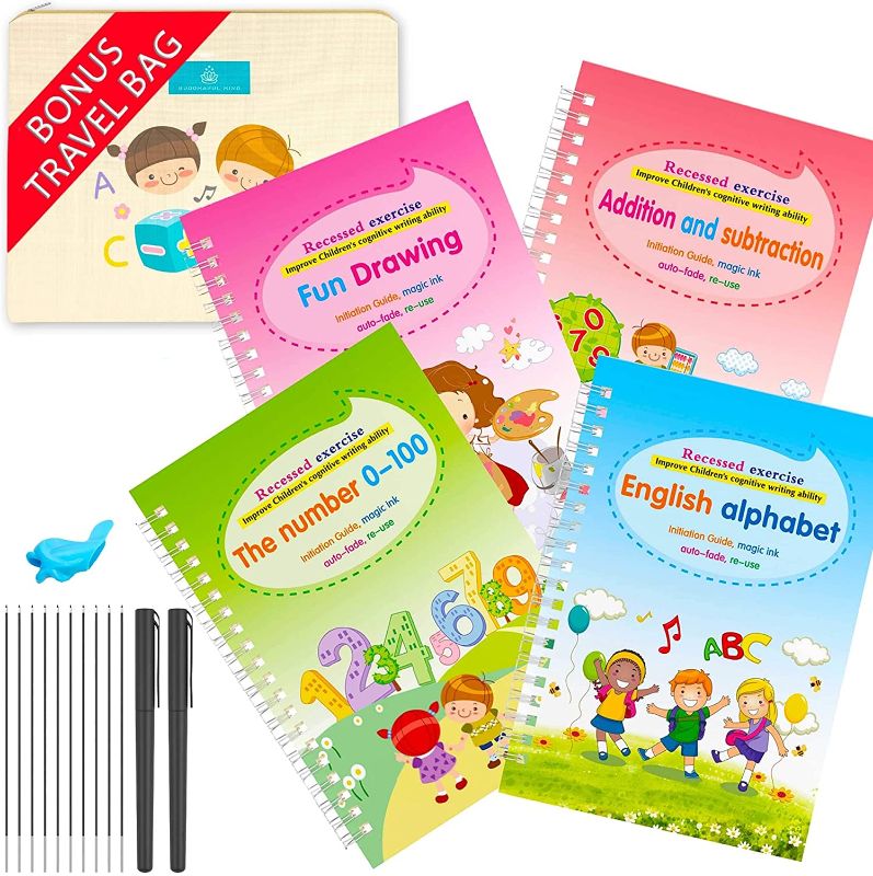 Photo 1 of BUDDHAFUL MIND Magic Practice Copybook for Kids [ with Bonus Travel Bag ] - Magic Practice Copybook 4 Pack with Pen, Handwriting Practice for Kids, Magic Copybook for Kids, Magic Practice Copybook Set