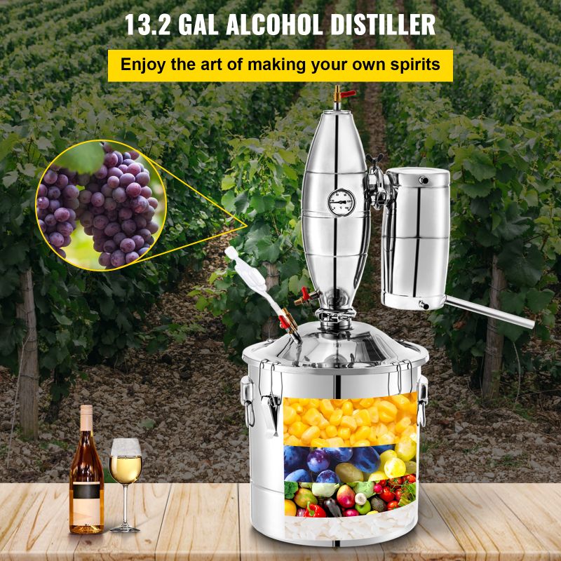 Photo 1 of VEVOR 70L 18.5Gal Water Alcohol Distiller 304 Stainless Steel Moonshine Wine Making Boiler Home Kit with Thermometer for Whiskey Brandy Essential Oils, Sliver
((MISSING COUPLE ACCESSORIES))