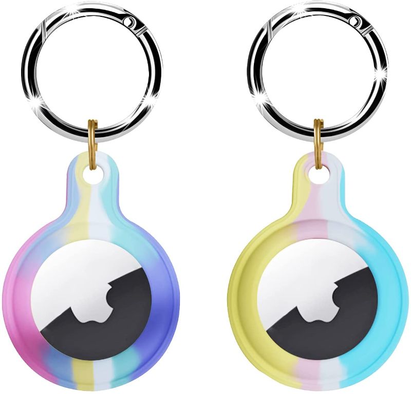 Photo 1 of [2 PCS] JOSMAX Colourful Silicone Protective Case Compatible with Apple AirTags 2021, Tracker Lightweight Soft Skin Cover Finder Holder with Key Chain Anti-Loss Design for AirTags - Colorful (2 pack)
