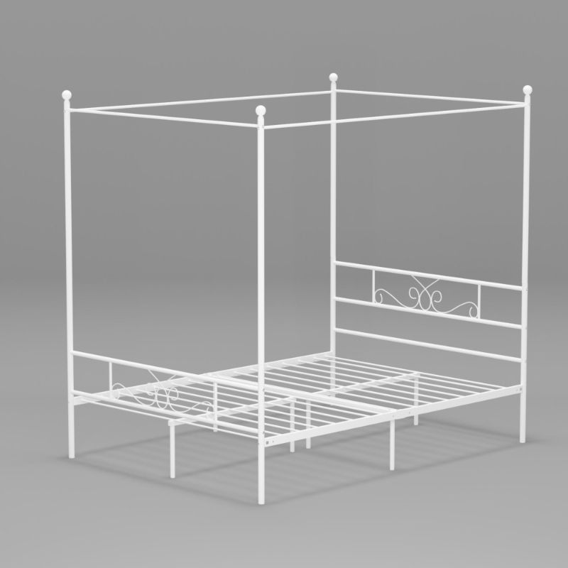 Photo 1 of 4-Post Metal Queen Canopy Bed Frame with Ball Design ,Slats ,Headboard and Footboard-White queen size