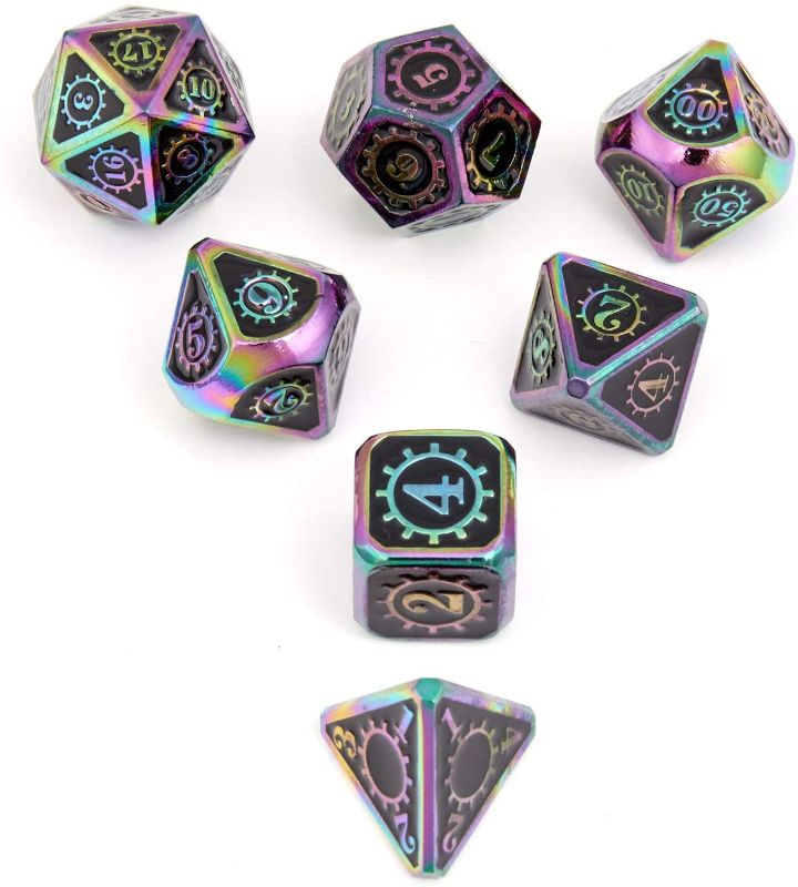 Photo 1 of 7 Pieces Metal Dices Set DND Game Polyhedral Solid Metal D&D Dice Set with Storage Bag and Zinc Alloy with Enamel for Role Playing Game Dungeons and Dragons and Math Teaching
