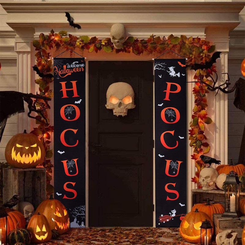 Photo 1 of CDLong Halloween Decorations Outdoor - Halloween Porch Sign Banners - Hocus & Pocus Halloween Signs - Halloween Party Hanging Flags Outdoor Home Door Décor (4 pack)
