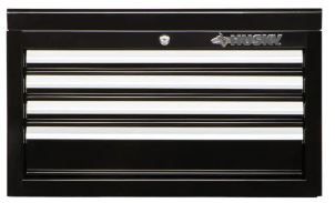 Photo 1 of 26 in. W 4-Drawer Tool Chest in Gloss Black
- dents all around product. product has one key only but does not lock.