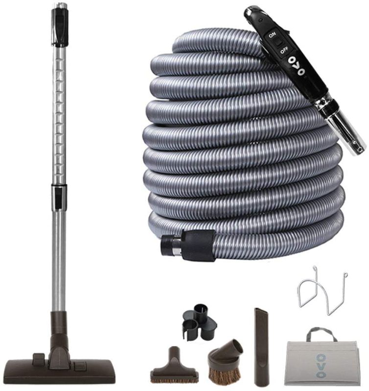 Photo 1 of OVO Central Vacuum Standard Kit, with 30/35/40/50ft Low-Voltage Hose, ON/Off Control at The Handle, 12’’ Combo Brush and Accessories, for Hard Surfaces and Carpets, 30', Black
