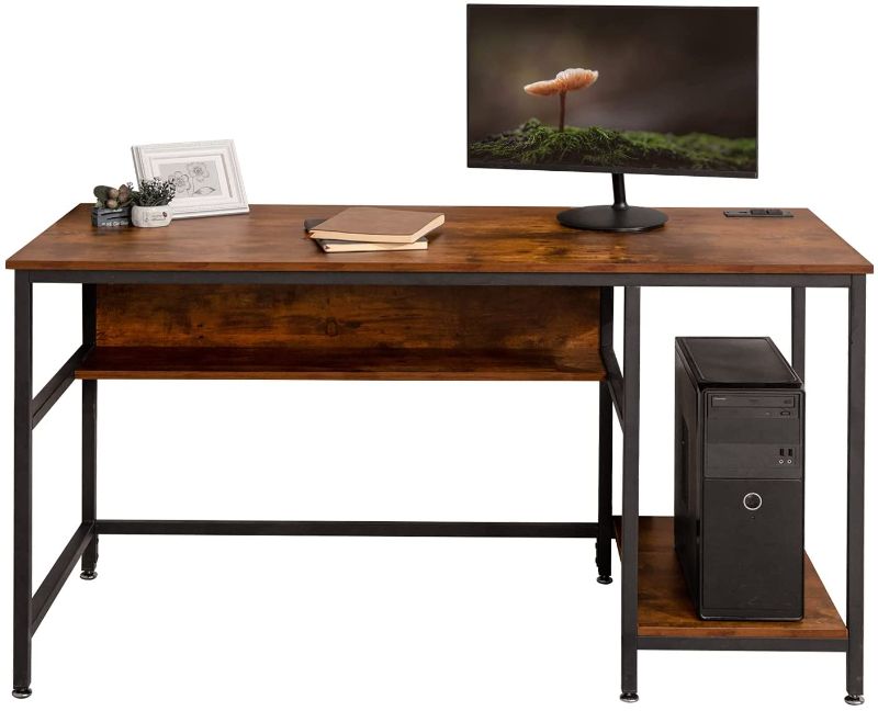 Photo 1 of CARRVAS Computer Desk, 47 Inch Rustic Industrial Desk with Power Outlet & Storage Shelves, Study Table with Power Outlets, Sturdy Wooden Metal Frame Study Writing Desk for Home Office, Rustic Brown
