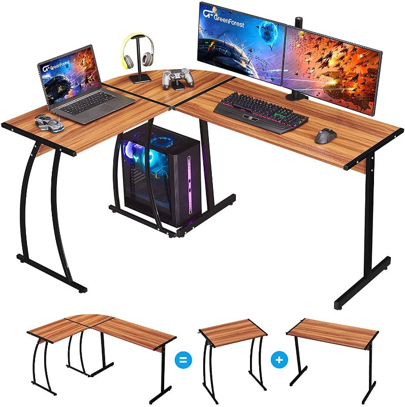 Photo 1 of GreenForest L Shaped Gaming Computer Desk 58.1 inch, L-Shape Corner Gaming Table, Writing Studying PC Laptop Workstation for Home Office Bedroom, Bright Walnut
