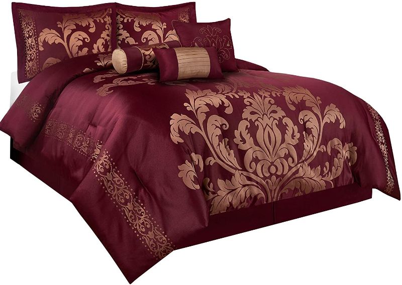 Photo 1 of Chezmoi Collection 7-Piece Jacquard Floral Comforter Set (California King, Maroon)
