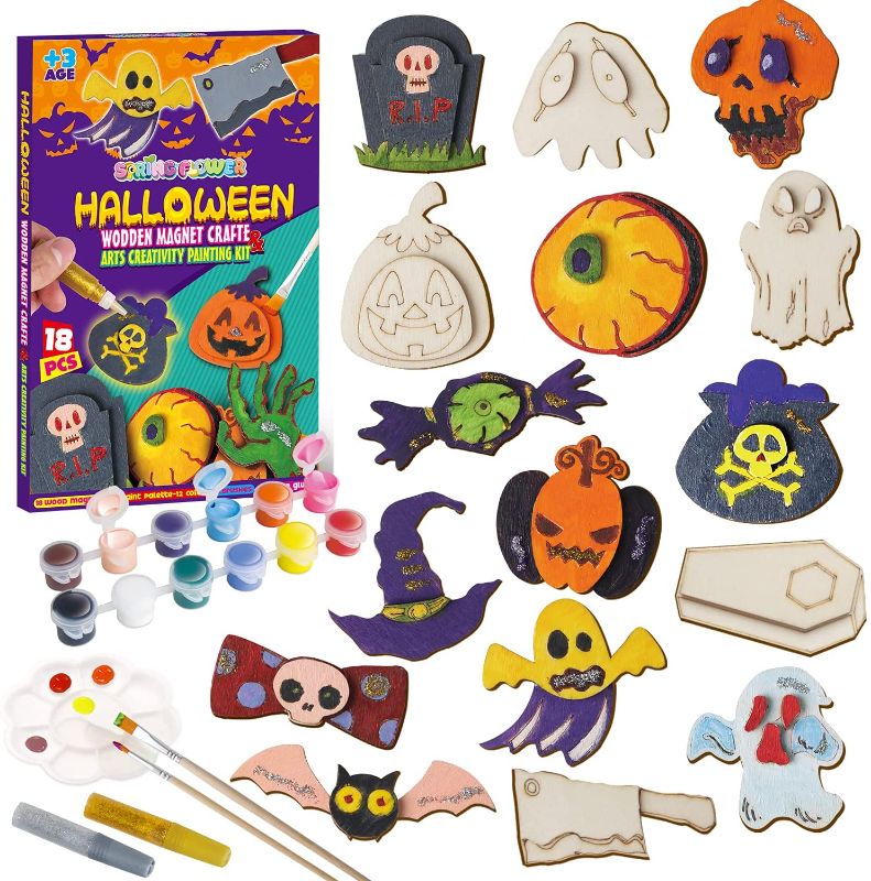 Photo 1 of  Halloween Wooden Magnet Arts & Crafts Painting Kit, DIY Activity Supplies, Decoration for Fridge, Halloween Party Favors Gift, Arts & Crafts Set for Girls and Boys,18 Pcs